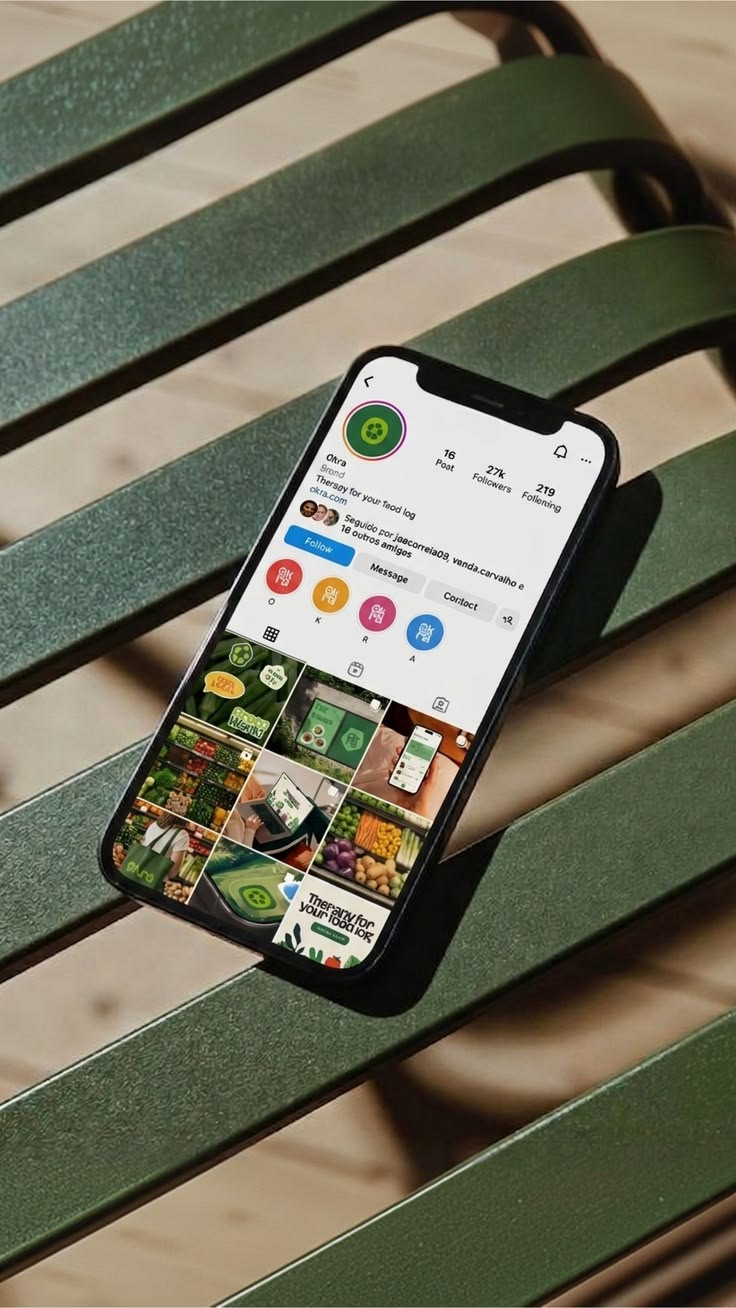 Smartphone con un profilo Instagram appoggiato su una panchina verde